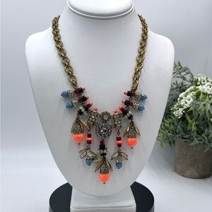 J. Crew Blue Coral Beads Gold Tone Metal Dangles‎ Rhinestones Statement Necklace